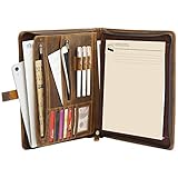 Ringsun Leather Portfolio Binder for A4/Pad, Zippered Padfolio Business Document Planner for Women/Men, Leather Folder Organizer with Zipper and Handwrite Pad,RS01,Brown