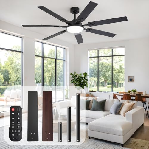 Image of 64 Inch Ceiling Fans with Lights and Remote,Living Room Office Library Cafe Outdoor, 5CCT Dimmable, Dual Color 7 Blades, 6 Speed Reversible Quiet DC Motor, Dual-Layer Shade, Black /Wood Grain