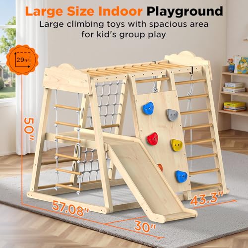 Indoor Playground 8-in-1 Wooden Jungle Gym Large Kids Play Gym Climbing Toys with Swing, Slide with Preperation Zone, Monkey Bars, Climbing Rocks, Rope Wall, Ladders