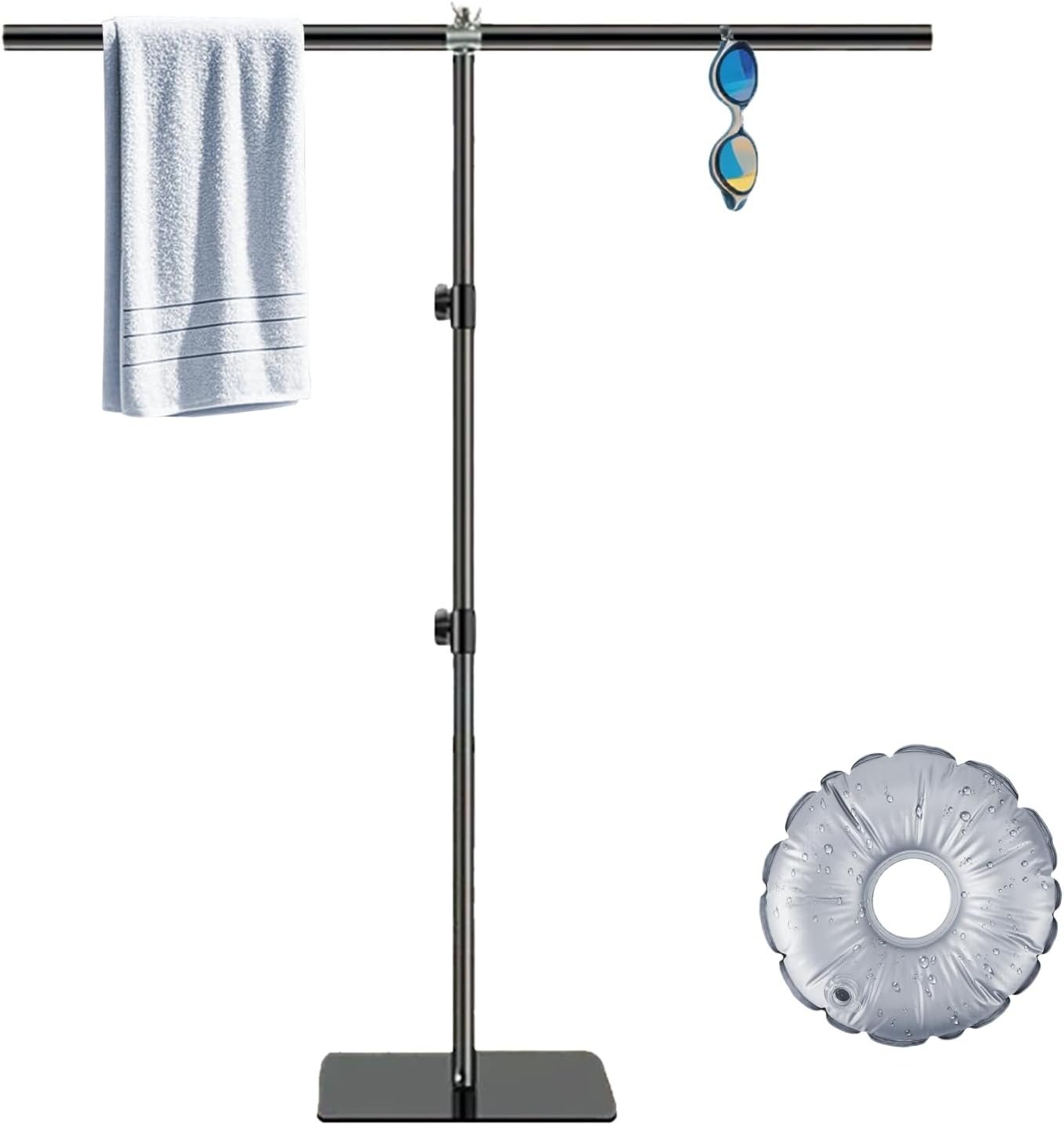 T-Shaped Pool Towel Rack Outdoor Standing Towel Holder for Beach,Swimming Pool Accessories,Heavy Duty Metal Patio Towel The Stand is Equipped with A Circular Water Weight Bag (Black)