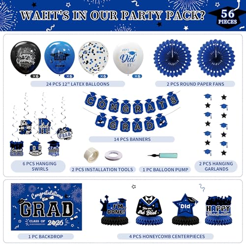 Image of Party Spot!2026 Graduation Party Decorations-Class of 2026 Backdrop,Blue and Black Graduation Party Decoration Set,Congrats Grad Banner,Hanging Swirl & Honeycomb Party Decor for Graduation