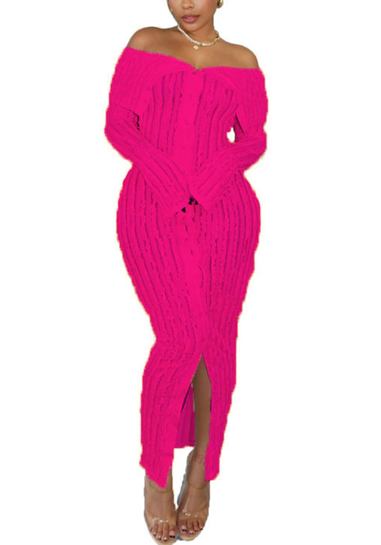 Letsvdowomens Maxi Off Shoulder Dress Long Sleeve Button Down