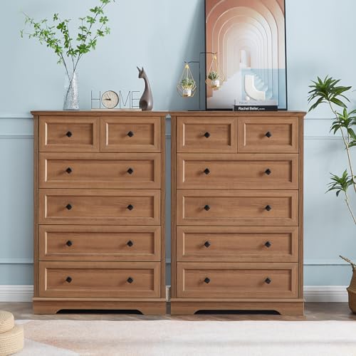 NONGSHIM Farmhouse Dresser for Bedroom with 6 Deep Drawers, Modern Dressers Tall 6 Chest of Drawers, Natural Oak Wood Storage Organizer Dresser, Nursery Dresser for Living Room, Bedroom, Hallway