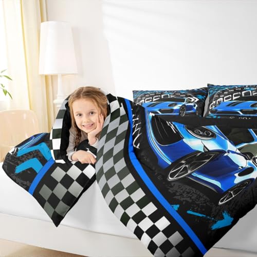 Image of Feelyou Blue Race Car Comforter Set Toddler Size Sports Car Bedding Set for Kids Boys Car Sports Comforter Geometric Checkered Extreme Sports Inner Fill Duvet Set 1 Comforter Set with 1 Pillowcase