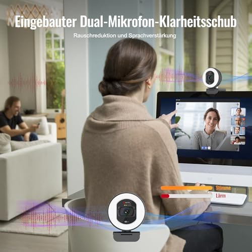 Bild 5 - Angetube Webcam 4K mit Licht – Streaming-Kamera für PC mit Dual-AI-Rauschunterdrückungs-Mikrofon, Auto-Fokus und eingebautem Sichtschutz. USB 1080P 60FPS Webcam für Laptop und Mac