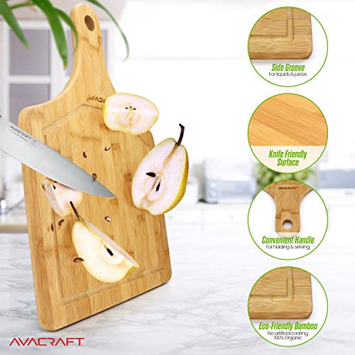 Avacraft Organic Bamboo Cutting Board With Handle, Wood Serving Board With Handle, Ideal Cutting Board For Kitchen, Best Chopping Board For Vegetables, Meat, Cheese, Butcher Block (17X12 With Handle) #TOP2