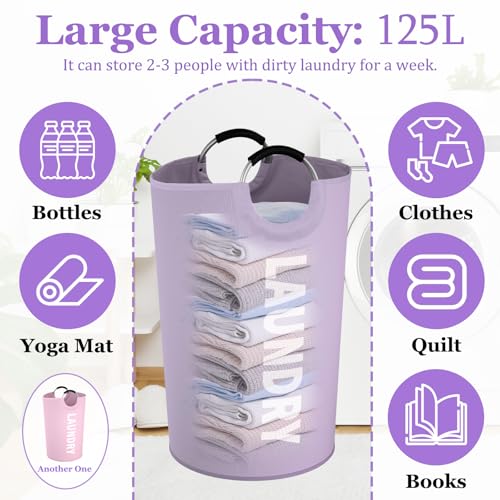 Image of 2Pack 125L Extra Large Laundry Baskets, Collapsible Laundry Hamper with Soft Handles, Dirty Clothes Basket in 600D Oxford Fabric, Sturdy Clothes Hampers for Travel, Family, Purple + Pink