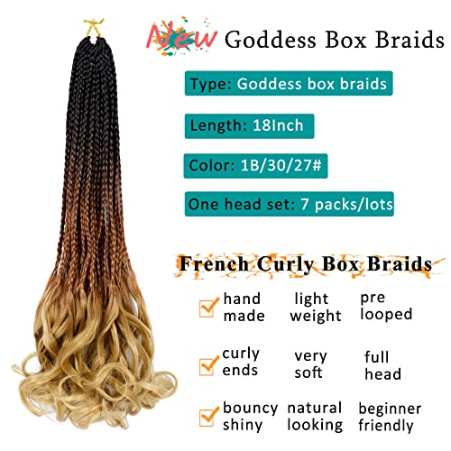 Liyate 7 Packs French Curl Crochet Braids 18 Inch Goddess Box Braids Crochet Hair Pre Looped Crochet Box Braids With Wavy Curly Ends French Curl Braiding Hair Extension (Black,1B/30/27#) #TOP1