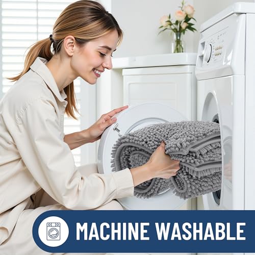 Image of Smiry Bathroom Rugs Sets 2 Piece, Soft Absorbent Chenille Machine Washable Non Slip Shaggy Bath Rug Set for Tub, Shower, and Floor (30x20+24x16, Grey)
