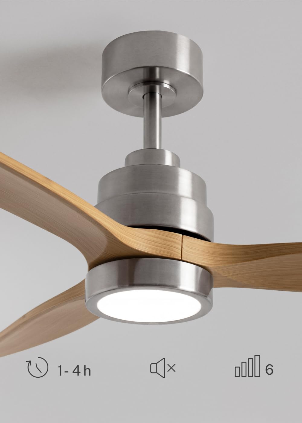 CREATE / WINDSTYLANCE S/Ventilador de techo ABS con luz níquel aspas efecto madera clara con Wifi y mando / 40W, Temporizador, Ø112 cm, 6 velocidades, temporizador, verano-invierno, doble altura
