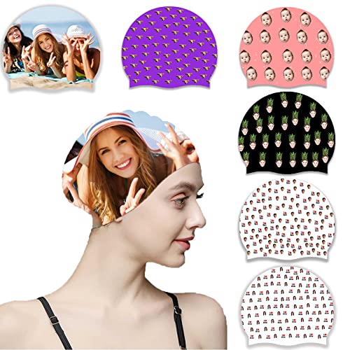 Custom Swim Cap Custom Silicone Swimming Cap with Your Photo/Logo/Text for Beach Swimming Pool, Women Men Adults Youths
