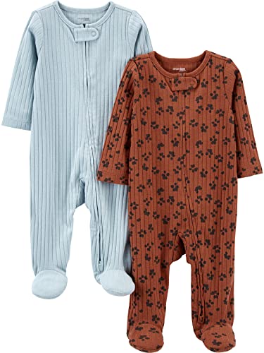 Simple Joys by Carter's Unisex Babies' 2-Way Zip Textured Sleep and Play, Pack of 2, Blue/Brown Animal Print, 3-6 Months