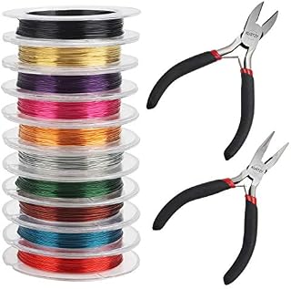 Kurtzy Colourful Aluminium Jewellery Making Craft Wire and Pliers (12 Pack) - 28 Gauge - 10m/32.8 ft Rolls - 10 Colours - Flexible Metal for DIY, Artistic Floral Crafts, Beading and Model Making