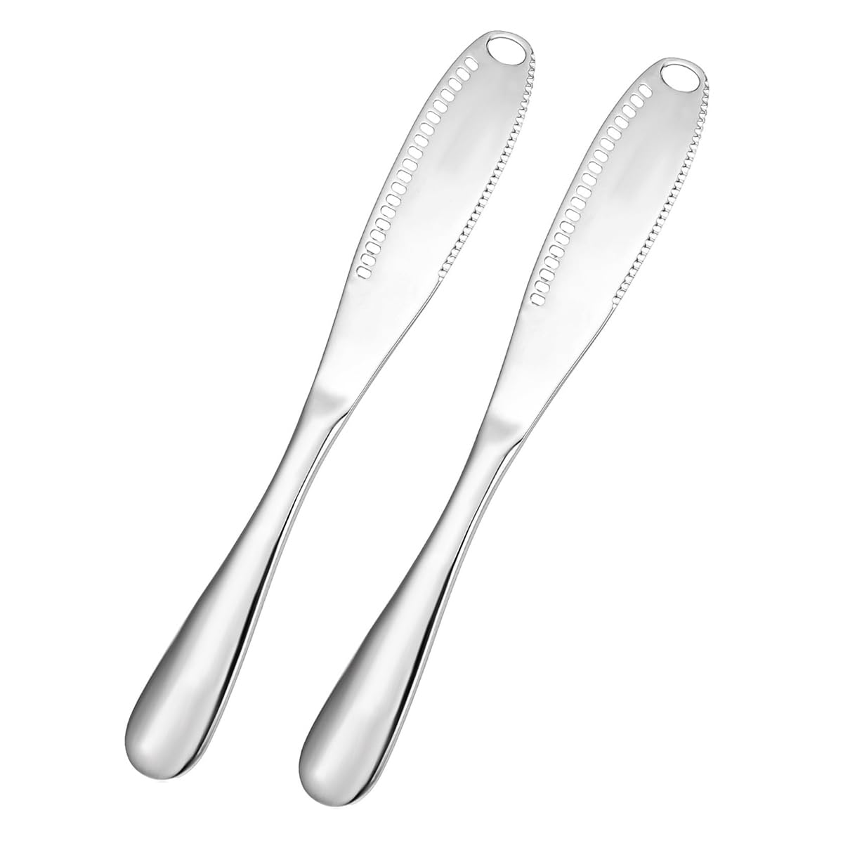 Ubric 2 Pcs Butter Spatula Spreader - 3 In 1 Stainless Steel Butter Knives with Holes锛孋urler for Cheese, Peanut (Silver, 20.5 X 2.5cm)