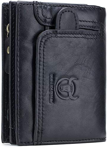 BULLCAPTAIN Mens RFID Blocking Wallet,Genuine Leather Vintage Biflod wallets Multifunctional Credit Card Holder Minimalist Purse with Zipper Pocket for Men (Black)