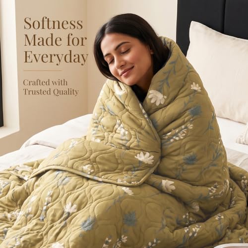 Image of HUESLAND Reversible AC Quilt Blanket Single Bed | 100% Cotton Quilted Shell, Super Soft 120 GSM Microfibre Wadding | Lightweight Comforter for All Weather Use | 55 x 88 inches, Floral Fusion