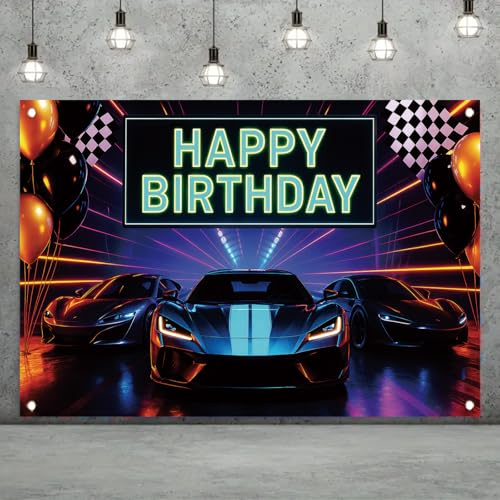 Saoplasa Neon Sports Car Racing Happy Birthday Backdrop Banner Luxury Cars Photography Background Racing Party Decorations Photo Booth Supplies 71x43 Inch by Saoplasa - Used condition - Image 2