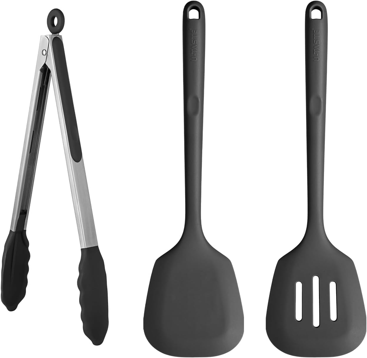 U-Taste 600℉ Heat Resistant BPA Free Non Stick Firm Cooking Tongs (12in), and 600℉ Heat Proof Long & Wide Silicone Solid & Slotted Turner for Egg, Pancake (Set of 2), Black