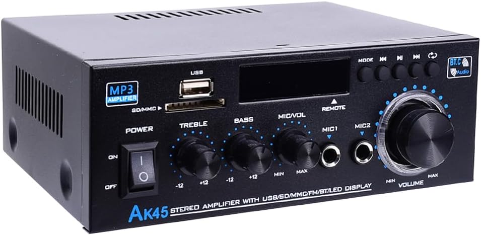 AK45 Stereo Audio Amplifier, 300W 2 Channel Wireless Bluetooth 5.0 Power Amplifier System, Home Amplifiers Radio, USB, SD Card, with Remote Control Home Theater Audio Stereo System