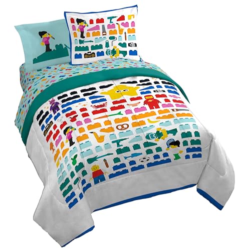 Image of Jay Franco Kids Comforter Set Includes Sheets and Pillow Covers - Soft and Cozy Bed Set for Stylish Room Decor, Official Licensed Bedding, White - LEGO, 7 Piece Queen