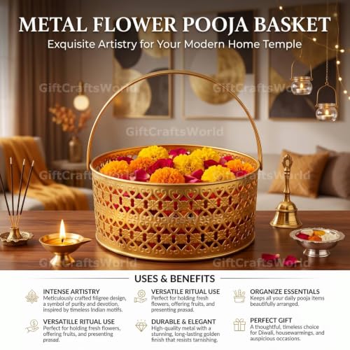 Image of Multipurpose Metal Basket For Gift Hamper, Pooja Temple Storage With Sturdy Handle, Decorative Flower Organizer & Versatile Puja Utility Accessories Home Decoration (Round Double Jali)
