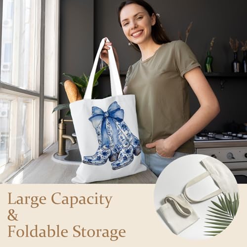 Chinoiserie Cowgirl Boots Tote Bag, Coquette Blue Bow Western Canvas Tote Bags for Women, Cowgirl Stuff Gifts, Grandmillennial Western Reusable Grocery Shopping Bags3