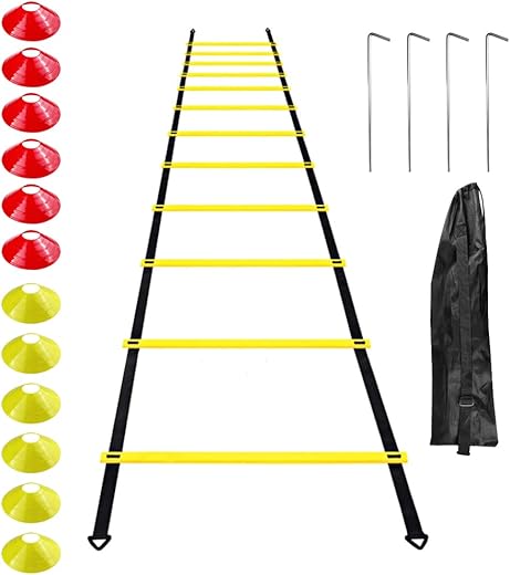 Gvolatee Football Training Accessories Coordination Ladder Training Ladder, Coordination Ladders with 12 Cones 4 Posts Football Training Set