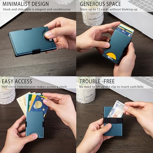 Image of Slim Card Holder Wallet for Men, Minimalist RFID Blocking Pop Up Wallet, Smart Metal Business Card Case Holds 12 Cards, Ultra-Thin Front Pocket Wallet, Gifts for Men