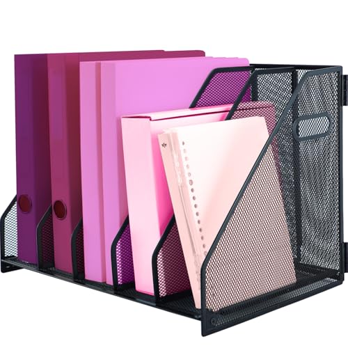 ideallife Desk Organizers with Handle, Metal Magazine File Holder with 5 Vertical Compartments Rack...