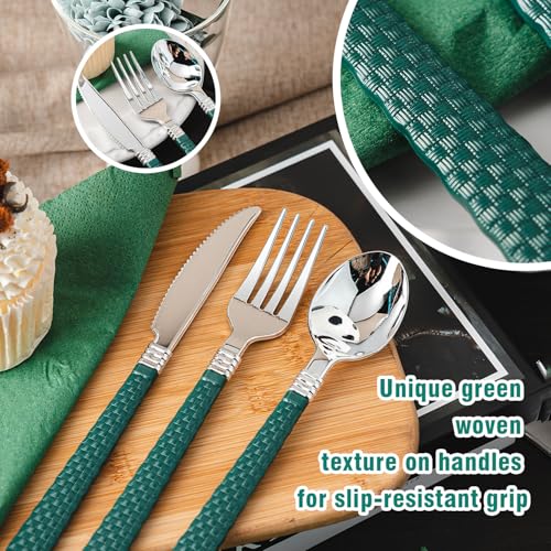 N9R 90pcs Silver and Green Disposable Silverware Set, Elegant Plastic Silverware with Green Handle Include 30 Forks, 30 Spoons, 30 Knives, High End Disposable Cutlery for Wedding, Party and Daily Use - Thumbnail 3
