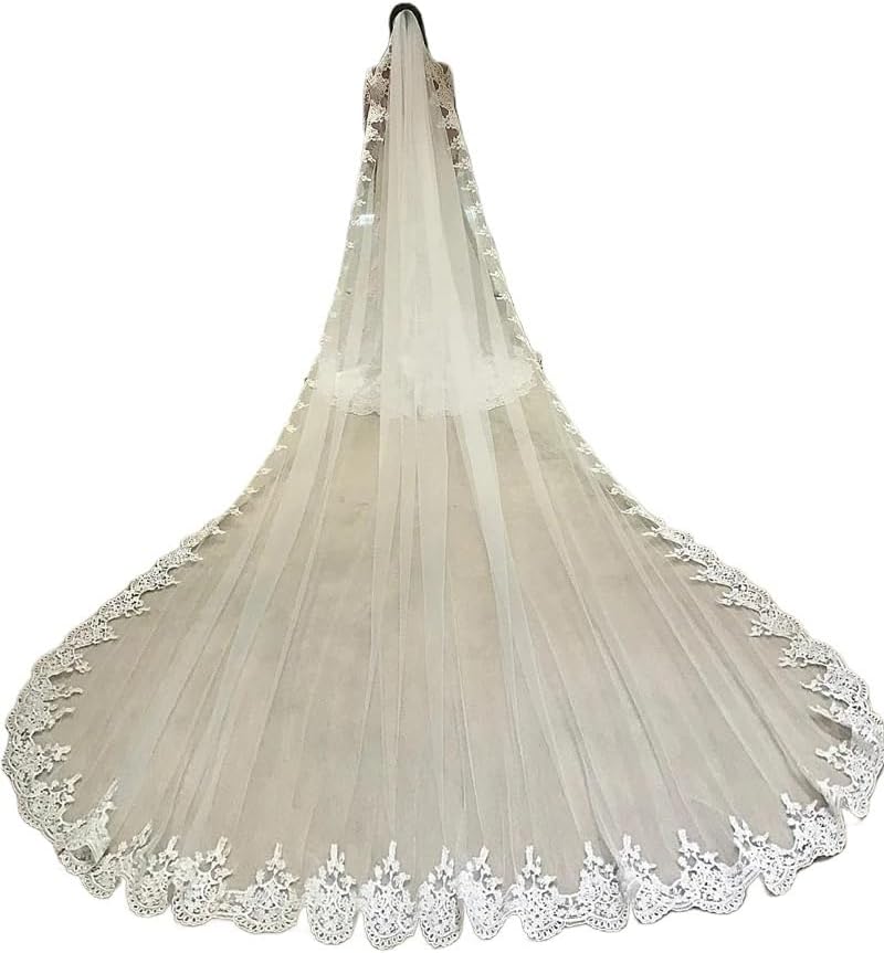ロングフルエッジレースウェディングベール 1層チュールブライダルベール コーム付き ウェディングアクセサリー