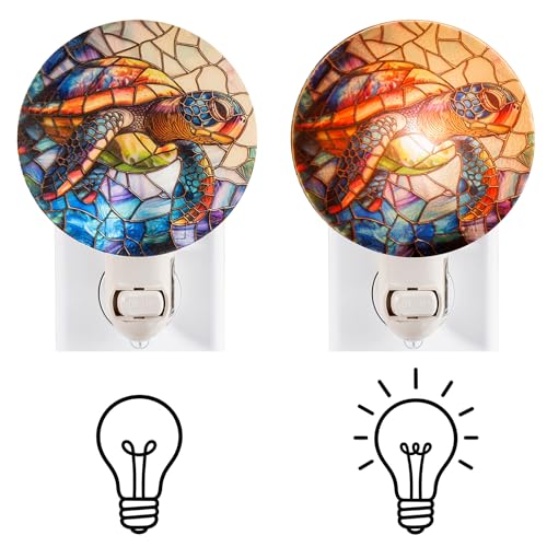 Image of Sea Turtle Stained Glass Styled Night Light - Real Glass Plug-in Wall Light with Warm Glow for Bathroom, Bedroom, or Hallway, Coastal Ocean Beach Home Decor