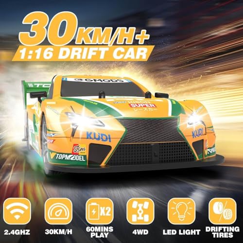 Image of Rc Drift Remote Control Car 1:24 Scale, High-Speed, 4Wd, Led Lights, Rechargeable Racing Car, Drifting Tires, 2.4Ghz, for Kids (RC Drift Car - Yellow)