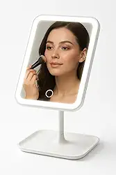 Espelho de Mesa com LED Recarregável | 3 Tons de Luz Ajustáveis | Botão Touch | Base Porta-Objetos | Maquiagem & Skincare| Portátil