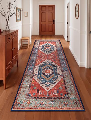 SERISSA Boho Kitchen Runner Rug, 3x7 Washable Non-Slip Runner Rug for Hallways Kitchen Rug, Ultra Soft Vintage Rust Print Distressed Tribal Floor Carpet Runner for Bedroom Entryway Laundry Room