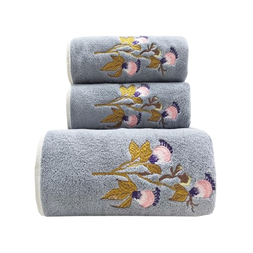 Lacomfy Grey Bath Towels Embroidered Floral Velvet Towels Set Highly Absorbent Coral Fleece Decorative Hand Towels Butterfly Flower Washcloth for Kitchen Spa Bathroom Home(Grey)