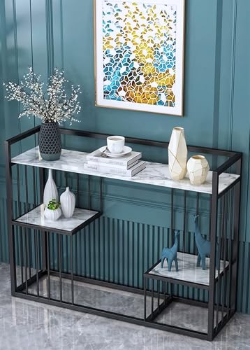 Image of ARTROCK Modern 3-Tier Console Table with Faux Marble Shelves, Gold Metal Frame, Narrow Entryway Sofa Table, Luxury Display Shelf Organizer for Living Room, Hallway, Bedroom & Office (White Black)