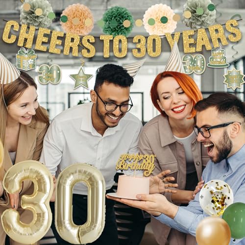 Image of Crenics Green and Gold 1966 30th Birthday Decorations for Him Her | Back in 1996 Backdrop, Banner, Paper Pom Poms, Hanging Swirls, Cake Topper and Balloons for 30 Birthday Party Supplies