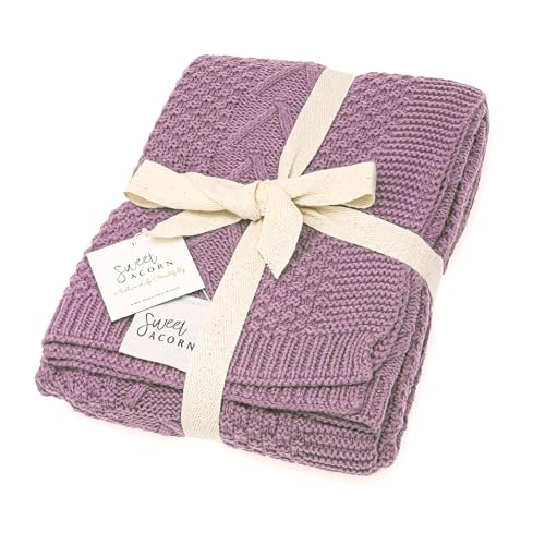 Image of Sweet Acorn Knit Baby Blanket in Cable Pattern, Organic Cotton Blankets for Crib or Stroller, Receiving Blankets - Lilac Purple