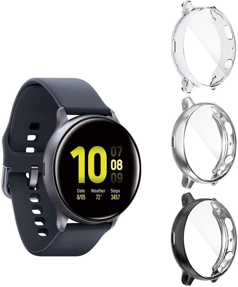 [3 Pack] Screen Protector Case Compatible with Galaxy Active 2 40mm, All-Around TPU Anti-Scratch Flexible Case Soft Protective Bumper Cover Compatible with Samsung Watch Active 2. Clear&Black&Sliver