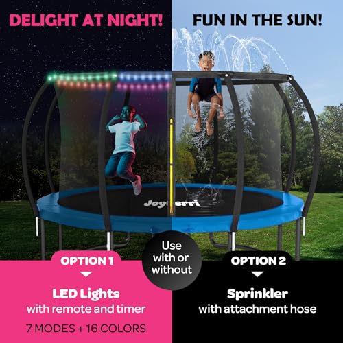 Image of JoyBerri Upsurge Trampoline Outdoor - ASTM Certified Safe 8Ft 10Ft 12Ft 14Ft 15Ft 16Ft Recreational Trampoline for Kids and Adults. Anti-Rust Coating with Enclosure Net, Ladder, Sprinkler & LED Lights
