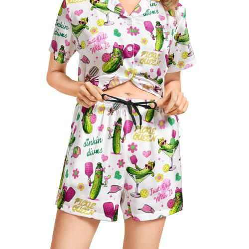 Image of Funny Pajamas for Women Set Print Satin Loungewear Pjs Short Sleeve Button Down Top and Shorts Sets Sleepwear XS-3XL