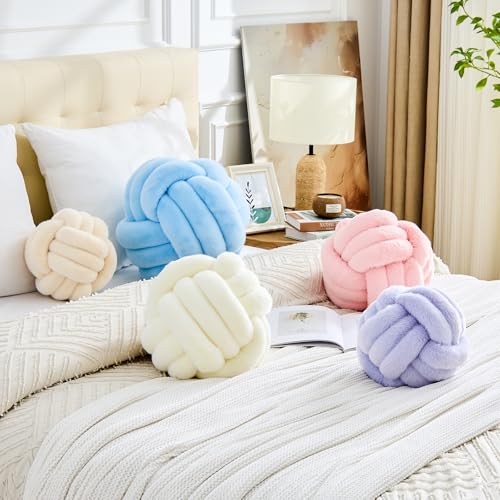 Image of Uvvyui Knot Pillow Ball Home Decorative Pillows Round Throw Pillow with Faux Rabbit Fur Handmade Knotted Plush Pillow Aesthetic Room Decor Round Boucle Pillow Cushion (Beige, 14 Inch)