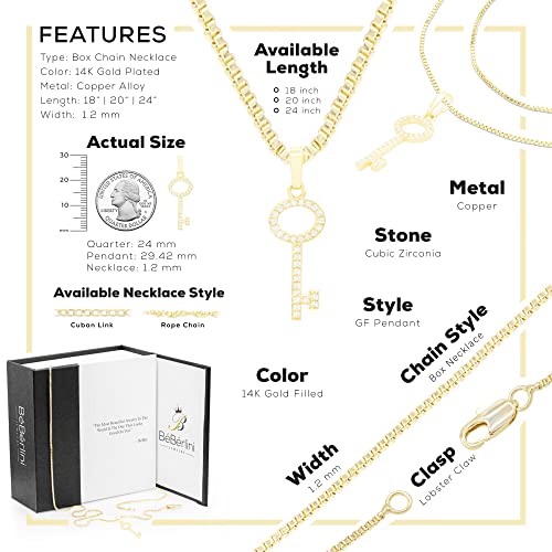 Beberlini Key Cubic Zirconia Lucky Pendant 14K Gold Filled Box Chain Necklace Set Cz Charm Lobster Clasp Fashion Jewelry Gift Women Girls Teens 1.2 Mm 20” #TOP1
