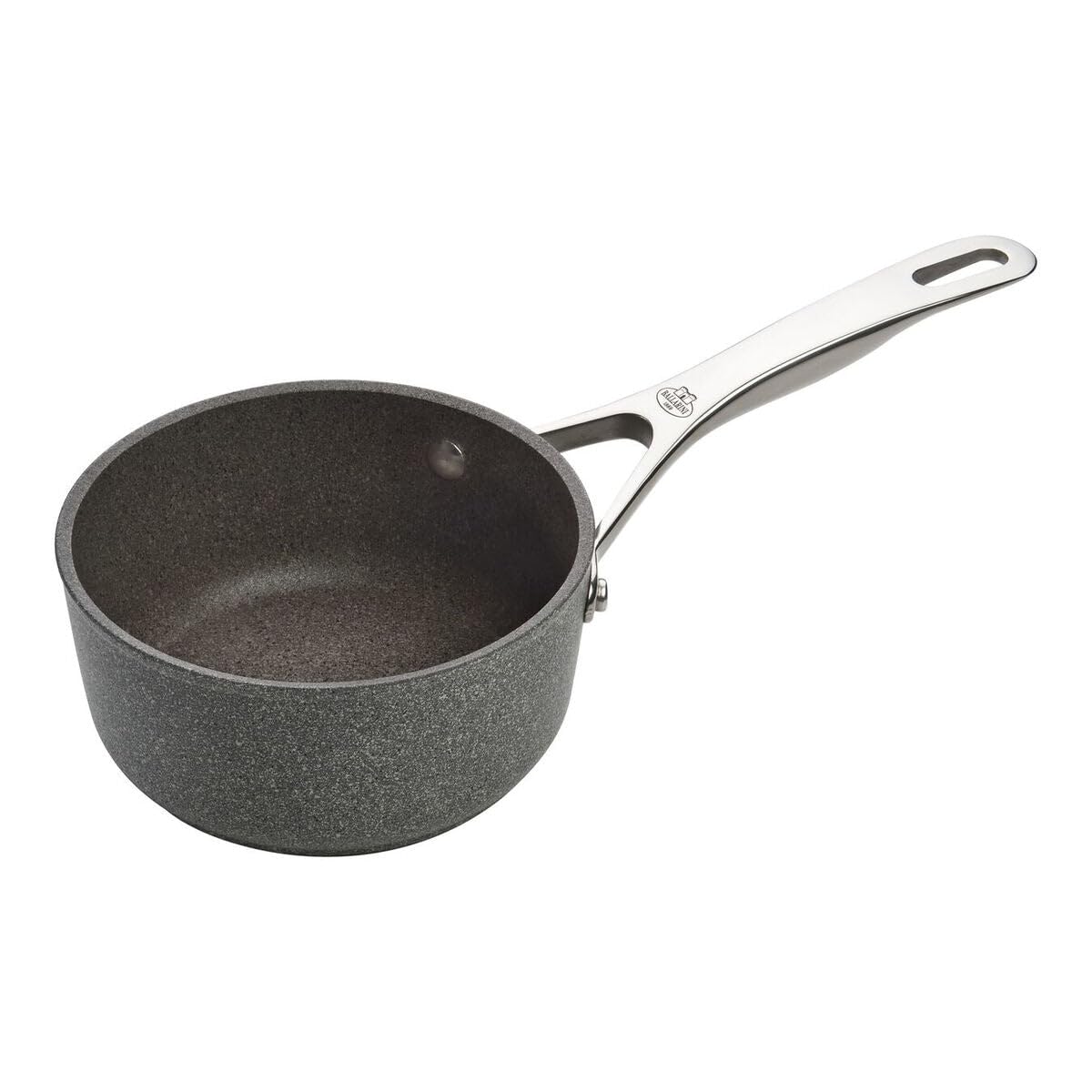 Ballarini Salina Granitium Sauce Pan, 16 cm, Made in Italy. Aluminum body. Stay cool stainless steel handle. Nonstick coating + titanium. Scratch-resistant. For all stovetops. Oven safe. PFOA-Free.