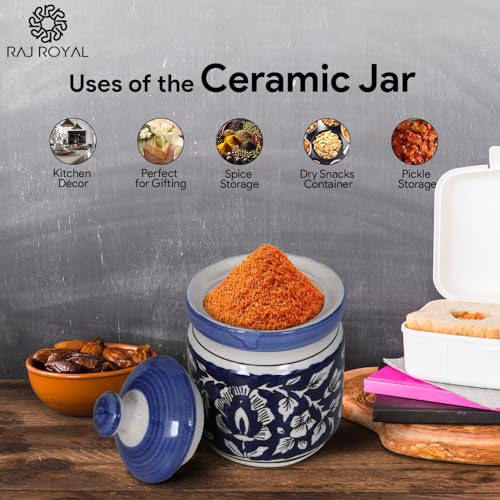 Image of Ceramic Corinchon Storage Jar Container with Lid - Pottery Dry Food Storage Canister Color - Blue, Cornichon Jar - Size: 11x11x12 cm, Capacity-500 Gram