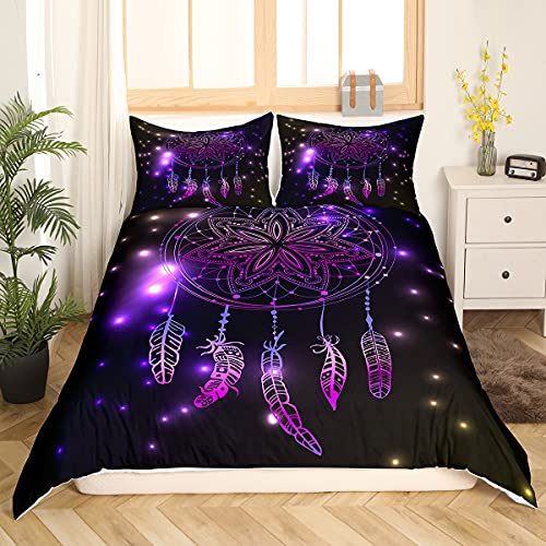 Homemissing Ensemble de literie Violet Dreamcatcher Fille Femme Bohême Plume Housse de Couette Tribal Exotique Mandala Dreamcatcher Literie 220x240cm avec 2...