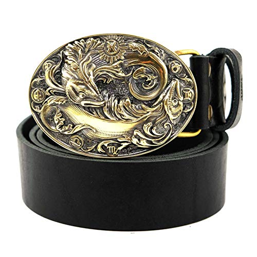 Leather belt with Pisces belt buckle, Pisces Horoscope Astrological Zodiac Sign solid brass belt buckle on leather belt