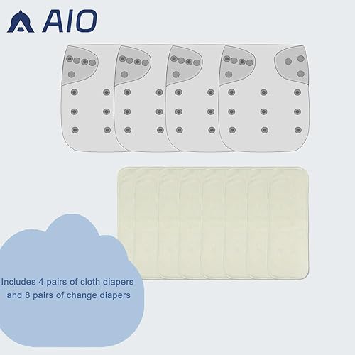 Miniatura 5 de AIO Pañal de tela para bebé, paquete de 4 con 8 inserciones, circunferencia de cintura ajustable, reutilizable para bebés niños y niñas (0 a 3