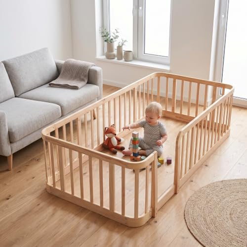 Parque de Bebé Modular de Madera, Valla de Seguridad, Natural, 140x200 cm